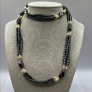 Vintage Hematite Rice Pearl Beaded Station Necklace 28 in Infinity Necklace